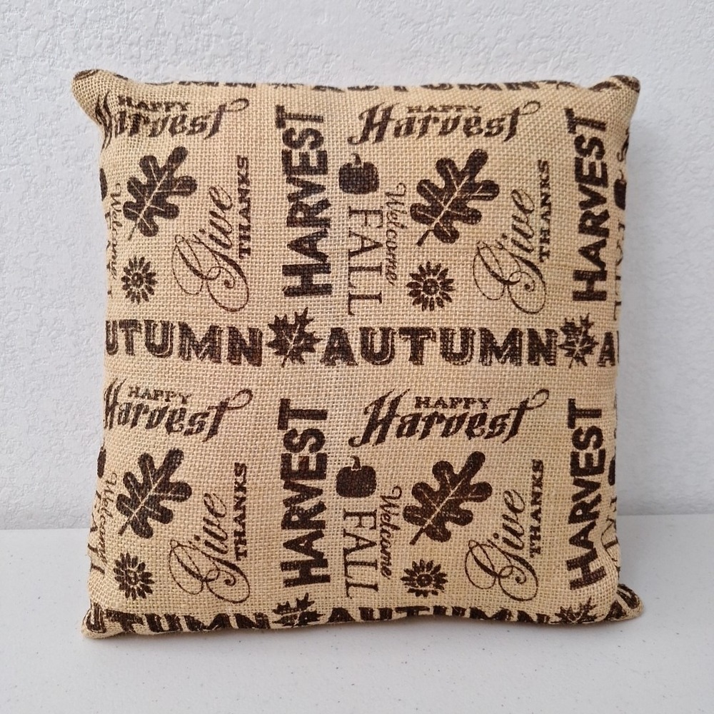 Vintage Fall Harvest Autumn Give Thanks Burlap Throw Pillow Home Decor 13" x 13" - Picture 2 of 9
